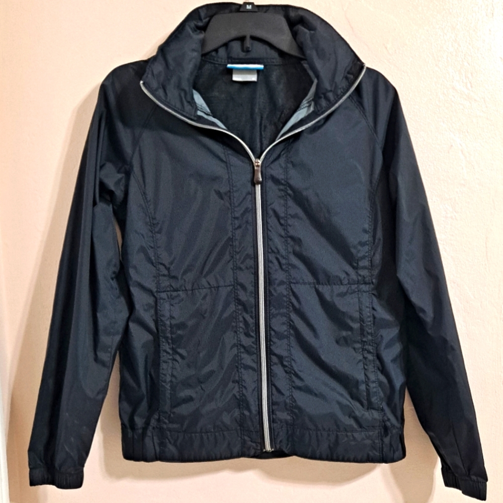 Columbia Jacket Rainshell Windbreaker Black & Grey Hood & Zipper Pockets Medium